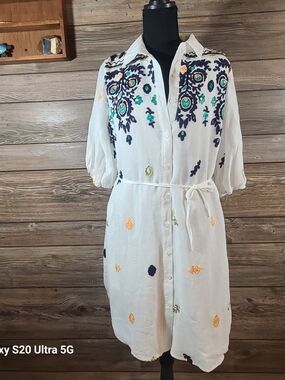 White Embroidered Midi Shirt Dress with Teal & Navy Accents